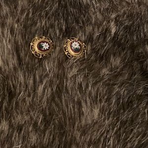 Vintage Italian clip earrings with beautiful floral inlay, gold scrolled design